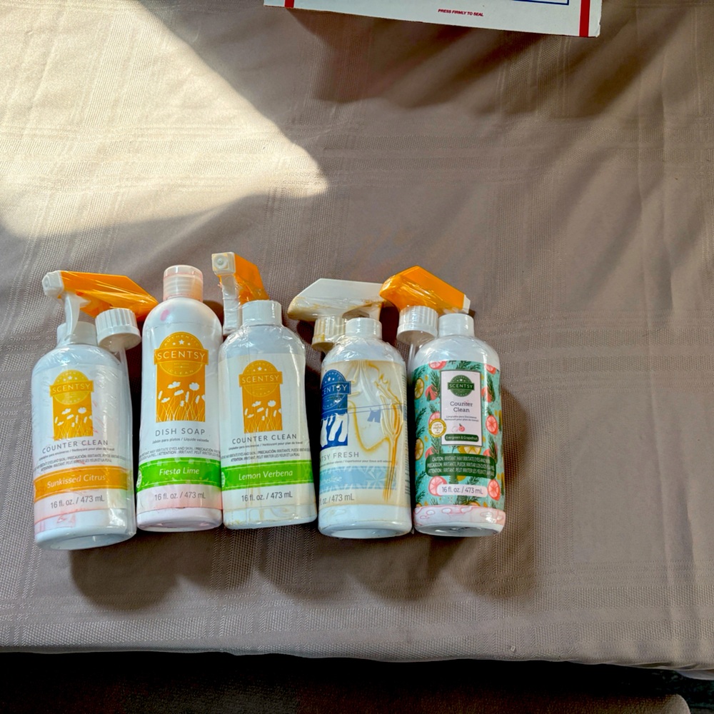 Scentsy lot of 5 brand new items 3 counter clean, 1 fabric spray, & 1 dish soap